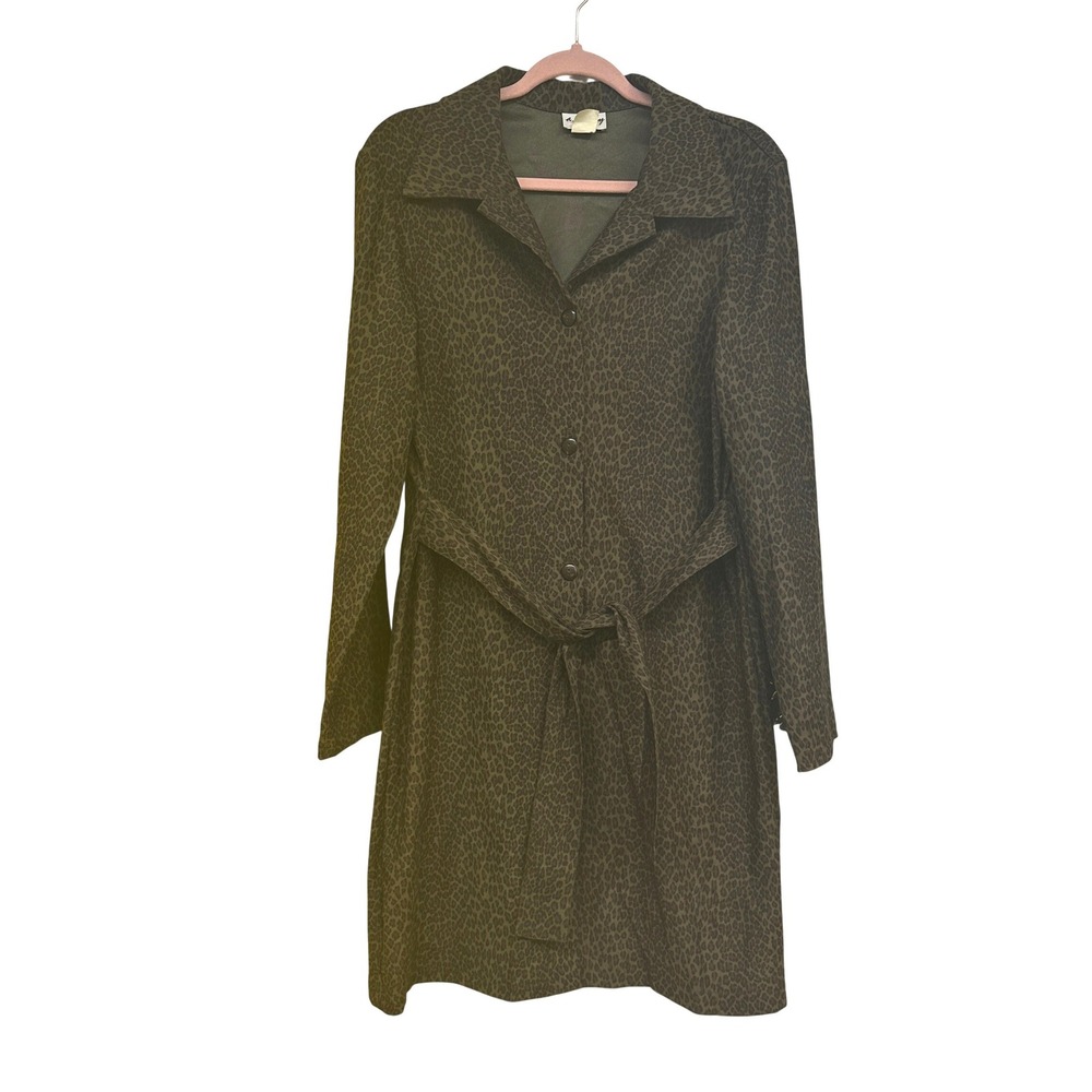 VTG A. Aubrey Olive Green Leopard Print Belted Trench Jacket Large Fits Medium